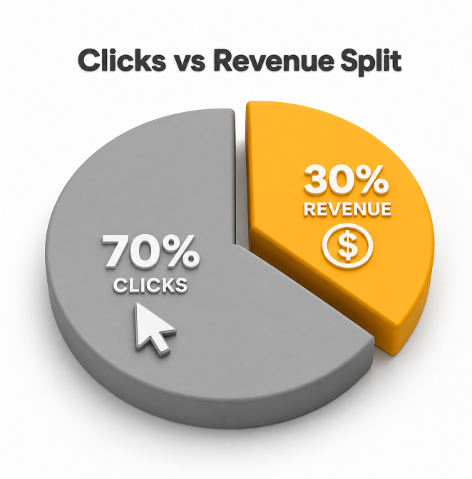 Comparison of clicks vs revenue in marketing performance